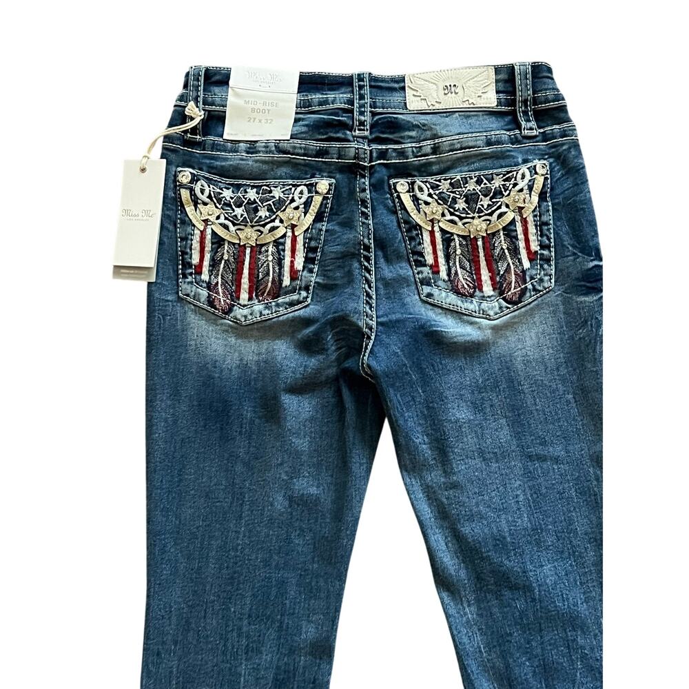 $134 NWT Miss Me Mid Rise Boot Cut Jeans Feather Star Dreamcatcher Sequins Sz 27